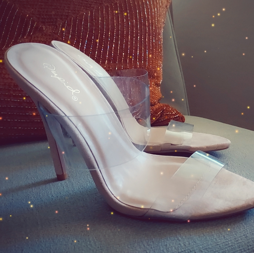 Nude See Thru Straps Slip On Heels 5.5